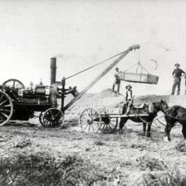 Hutt Valley history 30; erosion and flood protection; traction engine and crane on stop-bank
