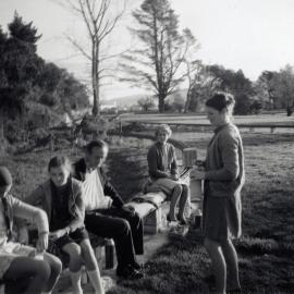 Maidstone Park; Nola Wallace family group on model railway track