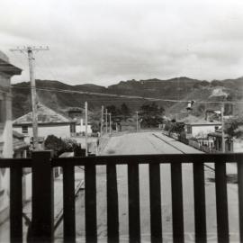 Station Street, from the first floor of the Provincial Hotel; hilltop earthworks for Dunlop reservoir visible.