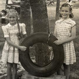 Dunlop factory; first Dunlop tyre, with Sylvia Williams, left, and Angela Jones.