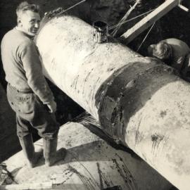 Drainage; 54" stormwater under 36" watermain, corner Pine Ave and Main St. June 1957. Cess Hollis (Foreman) Overseer (Later)