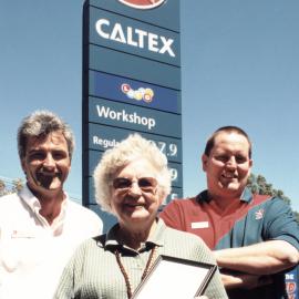 Unsung hero, 2000; Mary Richardson, with Caltex managers Bruce Ridley, Rimutaka, and Nathan Saunders, Trentham.