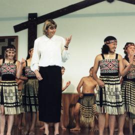 Fergusson Intermediate; netballer Irene van Dyk welcomed to the staff by kapa haka group.