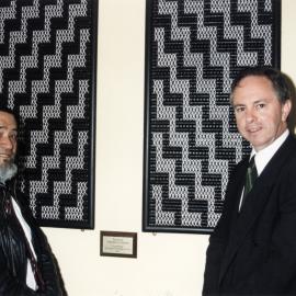 St Joseph's School; administration block opened; Koraunui Marae kaumātua Ted Puhia and Paul Swain, M P with tukutuku panels