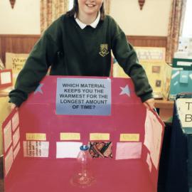 St Joseph's School science fair; Rachel Tubb tests insulation of bottled boiling water.