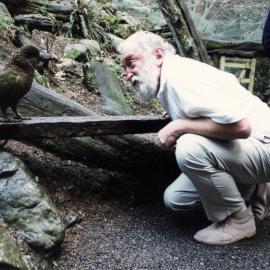 English botanist Dr. David Bellamy meets a kea at Staglands; 2000