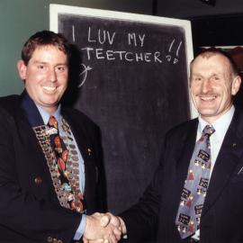 Upper Hutt Rotary; new president, McDonald's branch owner Murray Lord and predecessor Peter Lee.