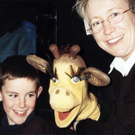 Life Education Trust mobile classroom; Victor Bayliss, 9; giraffe glove puppet 'Harold', educator Sarah Hill.