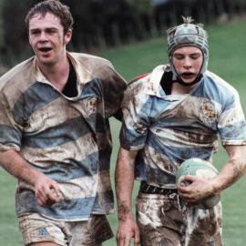 Rugby; St Patrick's College's first XV centre Ollie O'Leary congratulated after scoring a try.
