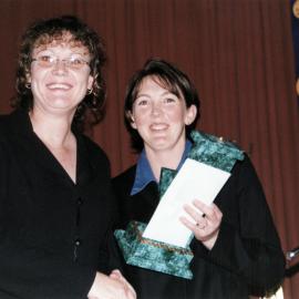 Sportsperson of the Year awards 2002; sportswoman; drag racer Michelle Davison with 2001 winner Anna O'Leary.