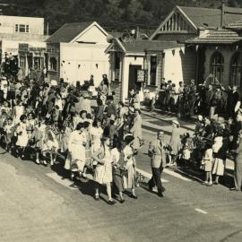 Royal tour 1954; Main Street parade, Mangaroa School group.