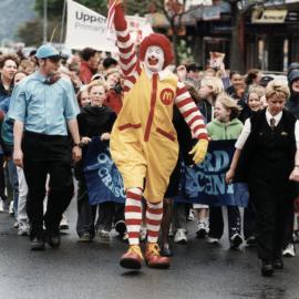 School crossing children's parade 2002 in Main Street, with 'Ronald McDonald'.