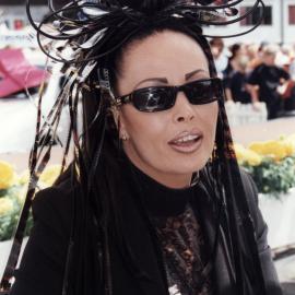 Trentham racecourse fashions 2002; Amanda Nicolle in 'Lord-of-the-Rings'-inspired headgear.