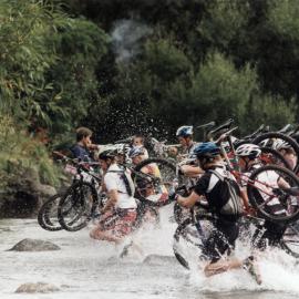 Cycling; Karapoti Classic, 2003; pro-elite class start; starter, mayor Wayne Guppy, almost obscured.