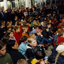Netball; New Zealand wins World Cup; audience at Civic Centre for Irene van Dyk.