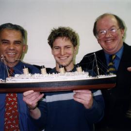 Titanic enthusiasts Michael Bissett, Nigel Bryant, Brian Reeves, with model and replica bell..