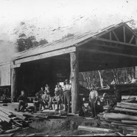 Timber industry; saw mill scene with eleven staff posing for photograph. [P3-5-9]