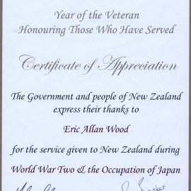 Military Service, World War II; Government certificate of appreciation, 2006.
