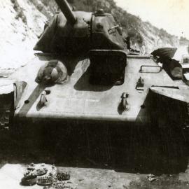 Military Service, World War II; Germany? Russian T34 tank; turret is not seated in its bearing.