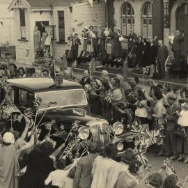 Royal tour 1954; Daimler passing Council Chamber dais, Main Street.
