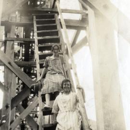 Timber industry; bridge for a bush tramway feeding sawmill; Doris Carr, Hilda Poulson.