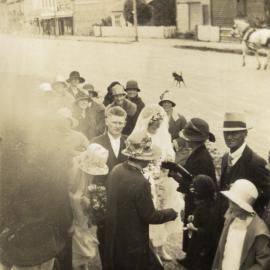 Hazelwood family; wedding 2; unidentified groom and Hazelwood(?) bride, at the Gospel Hall. 