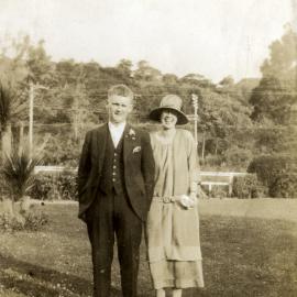 Unidentified bride and groom, at J A Hazelwood's. 