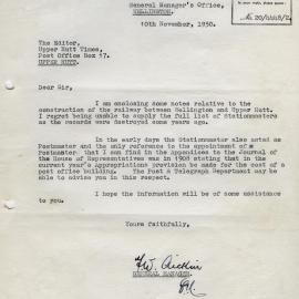Kelleher [47] Letter; NZ Railways; Upper Hutt Stationmasters; 1950 