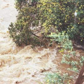 Flood, Karapoti; Akatarawa River West; close-up on upstream side of bridge.