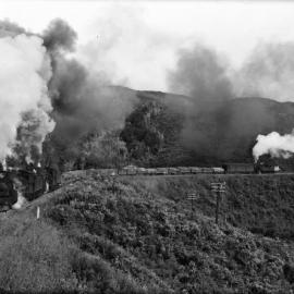 A-class locomotives No. 604 & 606 heading train north of Upper Hutt - c1954.