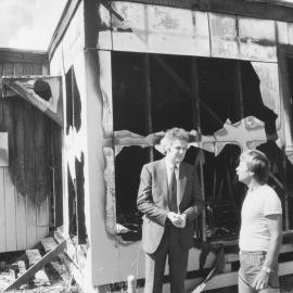 Totara Park community house fire; Bill Jeffries, M P, and residents' association V-P Ivor Crawford.