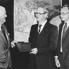 Medic Alert; Sir James Fletcher, left, presented with plaque by Medic Alert's John Hartstonge.