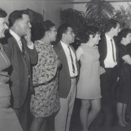 Plateau School social; Molly and Eric Wood, Harriet (Hariata) Jaspers, Tamati Kaiwai, Lyn Borlase, unidentified, Betty Cook?, unidentified.