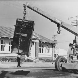 Bank of New South Wales safe being moved into temporary premises; 1967