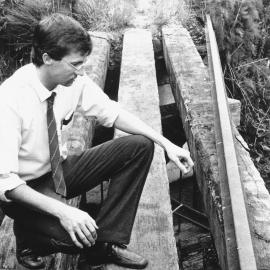 Silver Stream Railway; 30 sleepers stolen: traffic manager Bill Prebble at the scene.