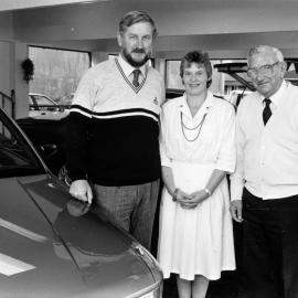 Gethings Motors Ltd; Colin and wife Pamela with Colin's father, Ken; changing agency from Honda to Mitsubishi.