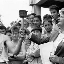 Peace run, Auckland-Wellington; Salil Williamson presents Councillor Shirley Russell with a torch.