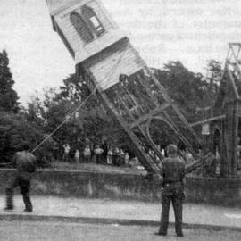 St Joseph's Catholic Church of 1864; steeple of the old church being pulled down.
