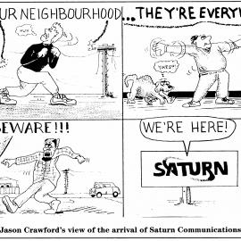 Saturn cable TV and internet arrives; Jason Crawford cartoon. 