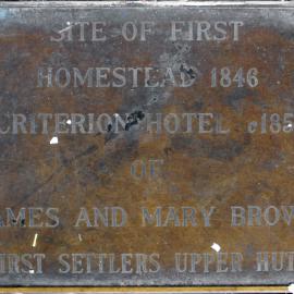 Historic site plaque, Main Street; Brown family and the Criterion Hotel.
