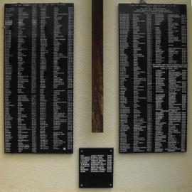 Memorial plaques; St Joseph's Catholic Church, north wall; lawn cemetery names.