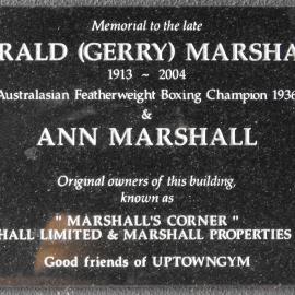 Memorial plaque, Princes Street; Gerald (Gerry) Marshall, sportsman, and his wife, Ann.