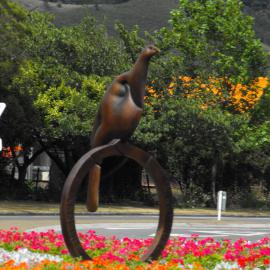Street art; corner of Main and King streets and Fergusson Drive; wood pigeon (kereru) on roundabout.