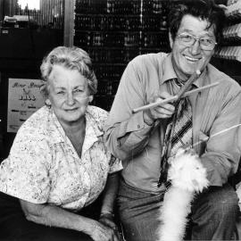 Hawley Handicrafts, 14 Pine Avenue;  owners Lorna and Reg Hawley with a Big Bird puppet.