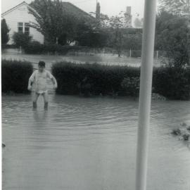 Flood, 1963; Stewart Weddell walking up the 32 Moonshine Road front path.