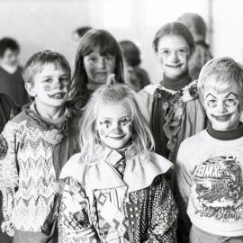 Clowns from a workshop conducted by Mrs Margaret Hayfield as part of a schools holiday programme.