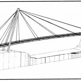 Totara Park; footbridge to Harcourt Park, drawn as if seen from the Totara Park stop-bank, looking north-east.