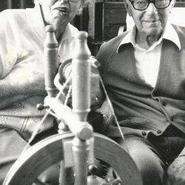 Pauline and Norman Gould, recently retired from the Spinners and Weavers Club, with spinning wheel made by Norman.