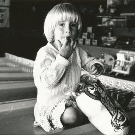 Summer Carnival 1988; Alanagh Cuncannon, with candyfloss, keeping an eye on the stall next to her uncle's.