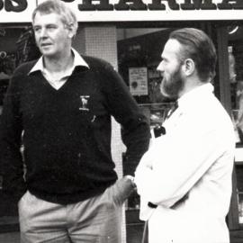 Max Williams, Antarctic ice driller, with Russell Schultz, of Gibbs Pharmacy.